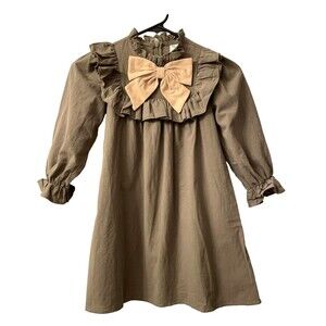 Shein Girls Dress Size 5Y Green With Bow Long Sleeve Dress Cotton